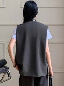 DAZY 女士前扣口袋休闲无袖两合一马甲西装外套秋冬商务装 - 灰色 - 查看 5