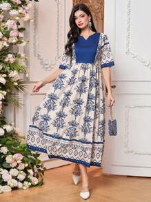 SHEIN 1 件女式 V 领短袖传统休闲花卉印花拼色蝴蝶结长裙，母子装（2 件单独出售），卡夫坦 - 彩色 - 查看 4