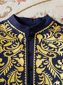 SHEIN 2pcs/Set Tween Boy Traditional Luxury Noble Retro Style Gold Foil Long Sleeve Shirt And Pants - Royal Blue - View 5