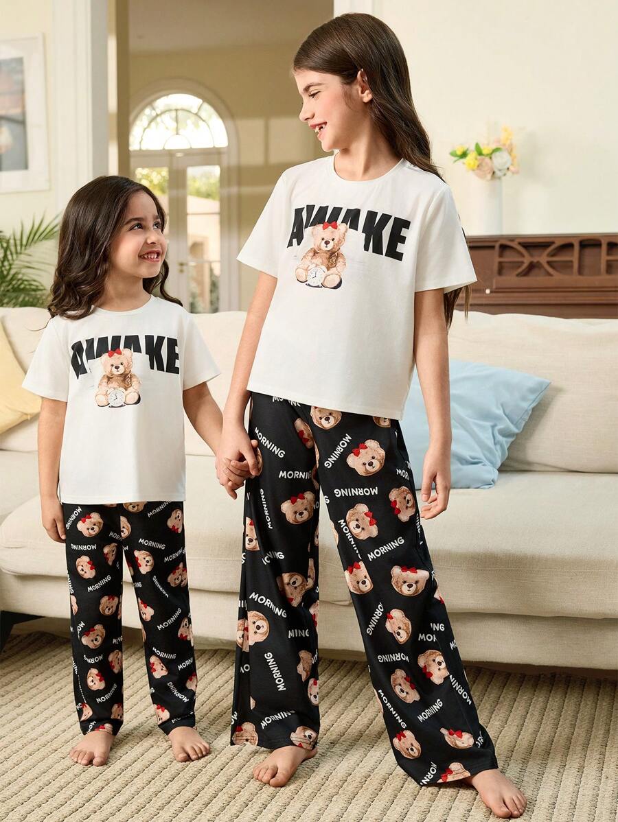 SHEIN Leap Crew Tween Girl Cute Cartoon Bear & Letter Pattern Round Neck Short Sleeve Straight Leg Loose Sleepwear Set, 2pcs, (2 Sets Sold Separately) - Black and White - View 1