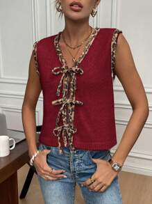 SHEIN Frenchy Women's Solid Color Patchwork Front Tie Sleeveless Simple Casual Sweater Vest Summer Christmas New Year Leopard Cheetah Red - Rose Red - View 6
