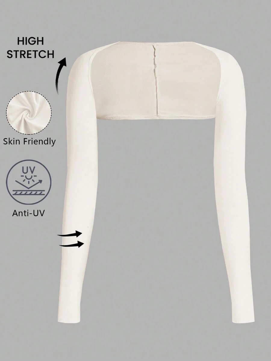 SHEIN EZwear 女士纯色长袖修身短款上衣，休闲日常穿着 - 米色 - 查看 1