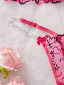 2pcs Women's Embroidered Heart Design Chain Detail Bra And Panty Lingerie Set - Hot Pink - View 3