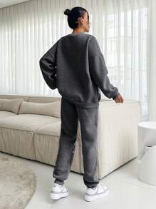 RueChic Rhinestone Detailed Grey Sweatshirt And Sweatpants Set - Grey - View 2