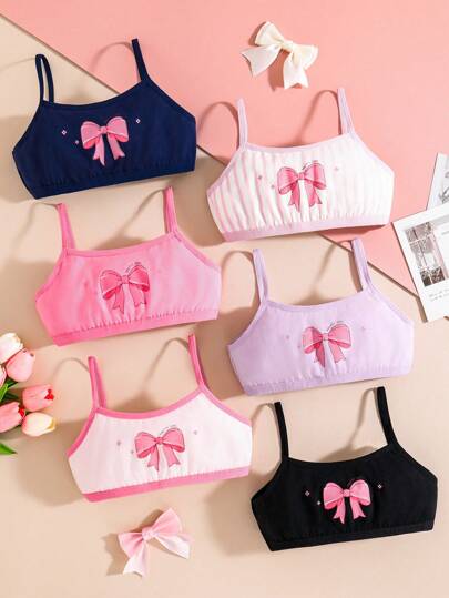 6 pièces Ensemble Sous-vêtements de Coton à Imprimé Minimaliste cœur et nœud pour Adolescentes pour la Saint-Valentin