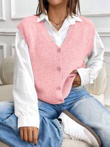 Chiquease Women's Simple Front Button Sleeveless Casual Vest Cardigan - Baby Pink - View 6