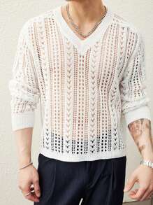 Manfinity CasualKnits Men's Solid Color Hollow V-Neck Long Sleeve Casual Sweater - Multicolor - View 4