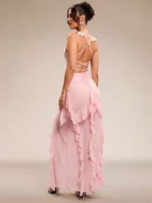 SHEIN BAE Vestido de novia de boda súper largo con espalda descubierta y hoja de loto de color rosa sólido sexy, vestido de dama de honor, vestido para citas, vestido de fiesta, vestido de temporada escolar, vestido de vacaciones, vestido de cumpleaños, vestido para salir de noche, ropa de verano para mujer, ropa de primavera, atuendo para el Día de San Valentín, carnaval, atuendo de vacaciones en la playa