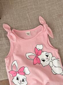 Baby Girl Cute Casual Summer Cartoon Rabbit Easter Graphic Pink Top With Ruffle Hem Shorts Set - Pink - View 6