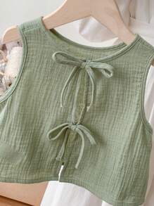 SHEIN LMoss Kids 年轻女孩 LMoss 休闲蝴蝶结细节宽松露背系带纹理面料 A 字背心春夏 - 綠色 - 查看 4