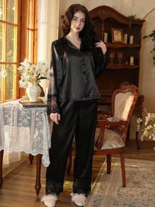 Côtesoire 优雅性感蕾丝拼接女士睡衣套装，适合假日、秋冬季节穿着。 - 黑色 - 查看 6