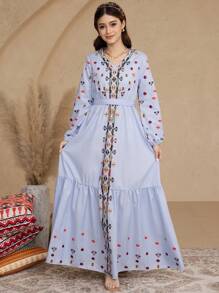 SHEIN 1pc Teen Girls V-Neck Loose Long Sleeve Geometric Print Dress, For Spring And Summer - Baby Blue - View 1