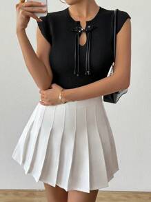 Chiquease 女式圆领盖袖短袖纯色纽扣针织上衣，春夏 - 黑色 - 查看 3