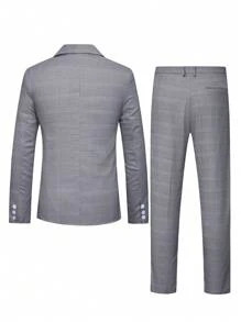 Manfinity Mode Men's Plaid Lapel Neck Long Sleeve Jacket And Pants Suit Set,Boyfriend Gifts - Grey - View 3