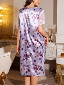 LuxeNights Floral Print Lace Panel Chiffon Nightgown Babydoll With Sheer Shoulders For Women Luxe Loungewear - Purple - View 2