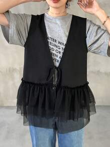 FRIFUL Women's Black Sleeveless Top With Mesh Patchwork And Tie Design, Summer Shirt