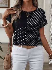 EMERY ROSE 大码休闲波尔卡圆点印花拼布衬衫，女士春季服装，热带度假女装