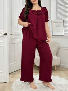 Plus Size Loose Bowknot Decor Ruffle Trim Casual Top & Pants Pajama Set, Outfits - Red - View 1