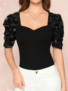 SHEIN Clasi 女士亮片花卉印花泡泡袖短款上衣 - 黑色 - 查看 3