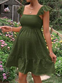 SHEIN Maternity Vacation Casual Solid Color Ruffle Hem Tie Strap Backless Green Dress - Army Green - View 6