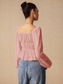 Poéselle 女士纯色前褶系带灯笼袖休闲时尚衬衫 - 粉色 - 查看 5