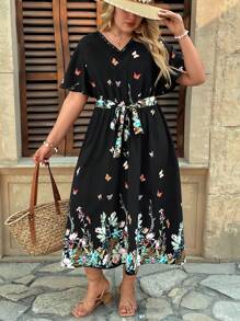 SHEIN VCAY Große Größen V-Ausschnitt Kurzarm Schleife Vorne Minimalistische Lässig Kleid