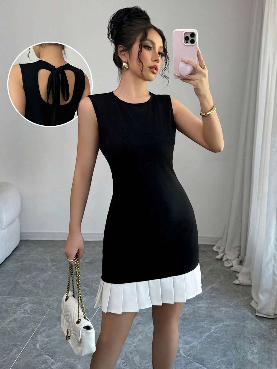 Elenzga Women's Solid Color Splicing Round Neck Sleeveless Casual Black And White Short Dress - Black and White - View 1