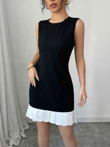 Elenzga Women's Solid Color Splicing Round Neck Sleeveless Casual Black And White Short Dress - Black and White - View 6