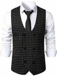 Manfinity Mode Chaleco sin mangas casual con botones y estampado de cuadros para hombres de Manfinity Mode, para uso diario, regalo para novios
