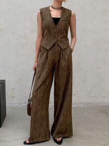 DAZY 2pcs/Set Women Vest And Pants Suit, Casual And Stylish For Everyday Wear - Brown - View 2