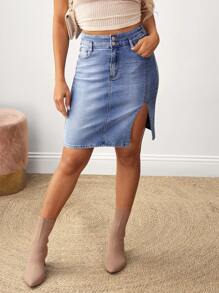 SHEIN LUNE 女式前扣口袋开衩休闲牛仔半身裙 - 藍色 - 查看 6