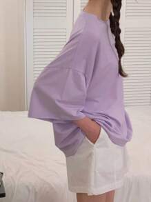 DAZY Women's Colorful Letter Printed Loose Fit Crew Neck Short Sleeve Purple T-Shirt, Spring/Summer Cute Tops,Graphic Tees,Teacher Outfits Preppy Tops Vacation - Purple - View 4