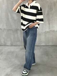 FRIFUL Women Loose Stripe T-Shirt With Polo Collar And Mid-Length Sleeve, Casual Summer Wear Oversized T-Shirt