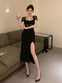 DAZY Váy cocktail midi xẻ tà xẻ cao bằng ren mỏng chắp vá cho nữ, thích hợp cho buổi tối hẹn hò, dạ hội, thanh lịch - màu đen - Xem 7