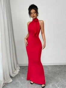 Chiquease Women's Red Rose Decor Halter Dress For Formal Ball Gown - Red - View 4