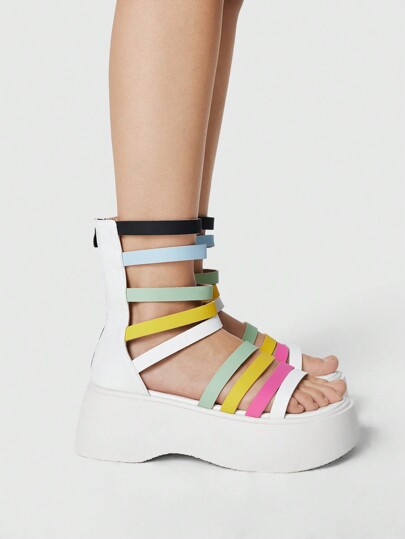 7.5cm High Wedge Heel Sandals For Women, Colorful Cross-Strap Detail Open Toe Design, PU Material Casual Wedge Sandals Suitable For Outdoor Activities Like Picnic & Hiking, White Color