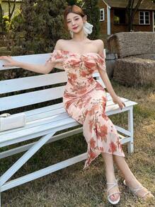 DAZY 1pc Women's Casual Midi Dress, Minimalist & Fashionable For Everyday Wear Summer Floral Cruise Women Outfits Sundress Off Shoulder Top