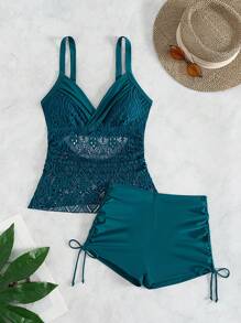 夏季女式 2 件系带褶皱细肩带比基尼套装 - 绿色，性感露背设计，修身 - 綠色 - 查看 5