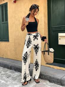 Chiquease Women's Vacation Casual Color Block Print Pleated Long Pants Fall Cloth For Women - Apricot - View 1