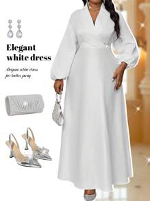 Fleurora Autumn And Winter Elegant Plus Size Long Sleeve A Line Dress Bishop Sleeve White Wedding Valentine's Day Cocktail Party Plus Size Dresses Costume Prom Dress Fall Women Dresses Holiday Dress White Dress Greek Goddess Dress - White - View 1