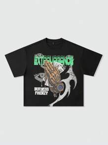 ROMWE MEN Street Life Loose Fit Short Cropped Graphic Tee, Vintage Street Style For Men - Black - View 1