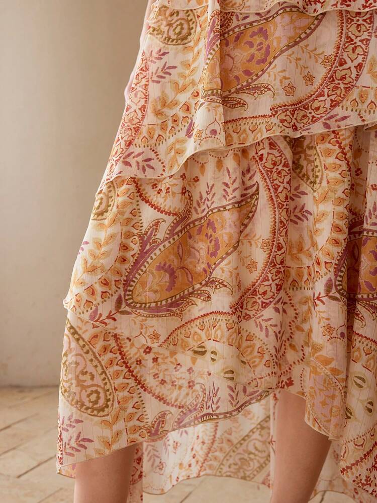 PAISLEY PRINT ASYMMETRICAL RUFFLE HEM SKIRT,SPRING/SUMMER
