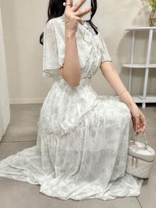 FRIFUL Women's Long Ditsy Floral Chiffon Dress With Shawl, Suitable For Dating, Summer' Sundress