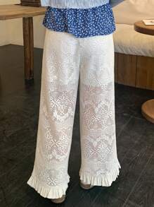 FRIFUL Pantalones de cintura alta de 7/8 con textura de red de crochet blanco, estilo de vacaciones de verano para mujeres