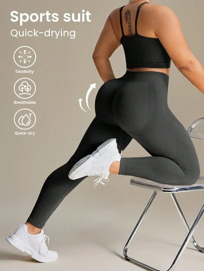 SHEIN Rhythm Era Plus Size Women Solid Color Cropped Tank Top And Leggings Seamless Sport Set Workout Women Sets