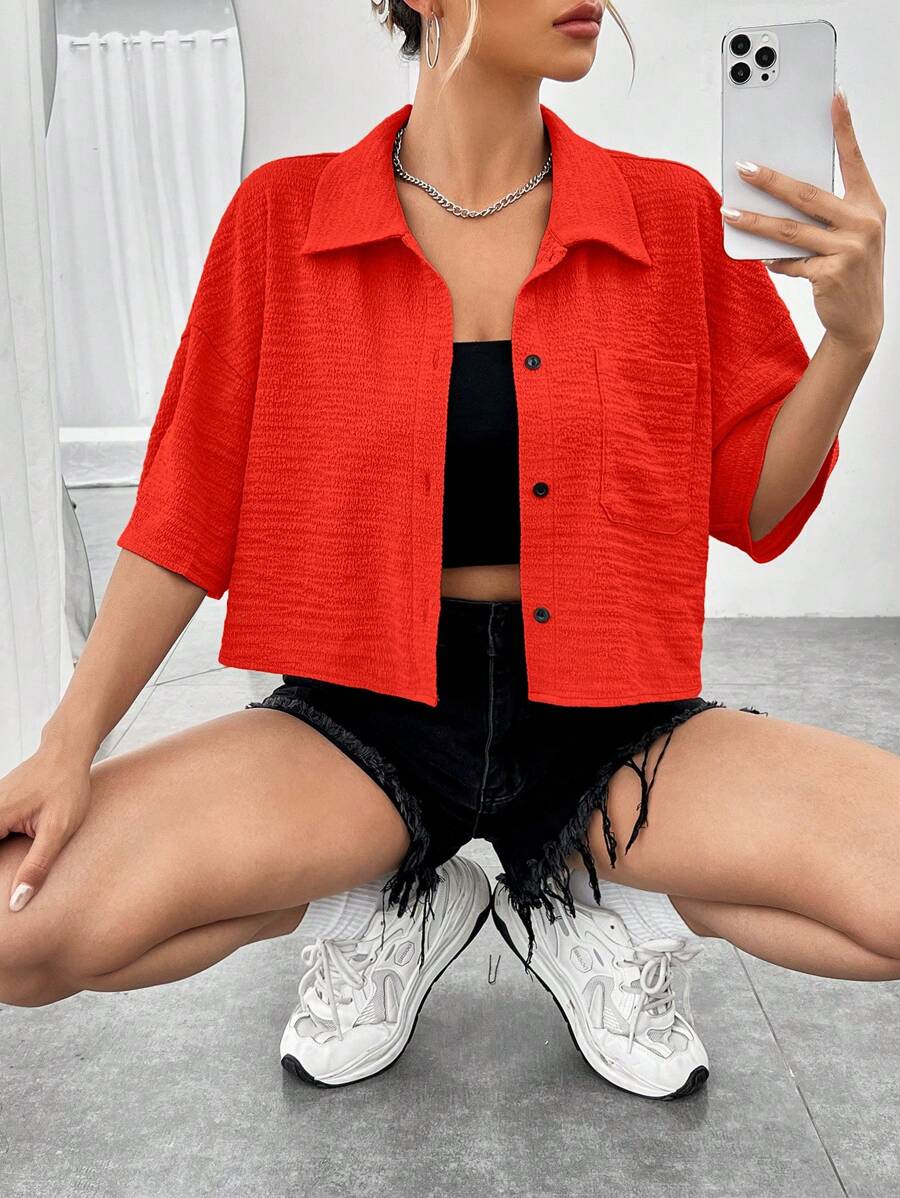 SHEIN EZwear Summer Drop Shoulder Pocket Patched Shirt Without Cami Top - Red - View 1