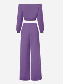 2 件套青少年女孩休闲街头风格酷女孩学院露肩运动衫和运动裤套装 - 紫色 - 查看 2