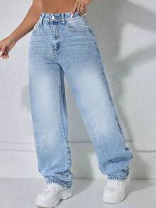 Women Vintage Washed Loose Straight-Leg Jeans - Light Wash - View 3