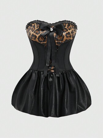 Grunge Punk Abito mini in pelle sintetica sexy con stampa leopardata, per taglie forti