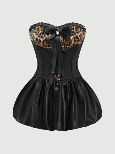 Grunge Punk Abito mini in pelle sintetica sexy con stampa leopardata, per taglie forti